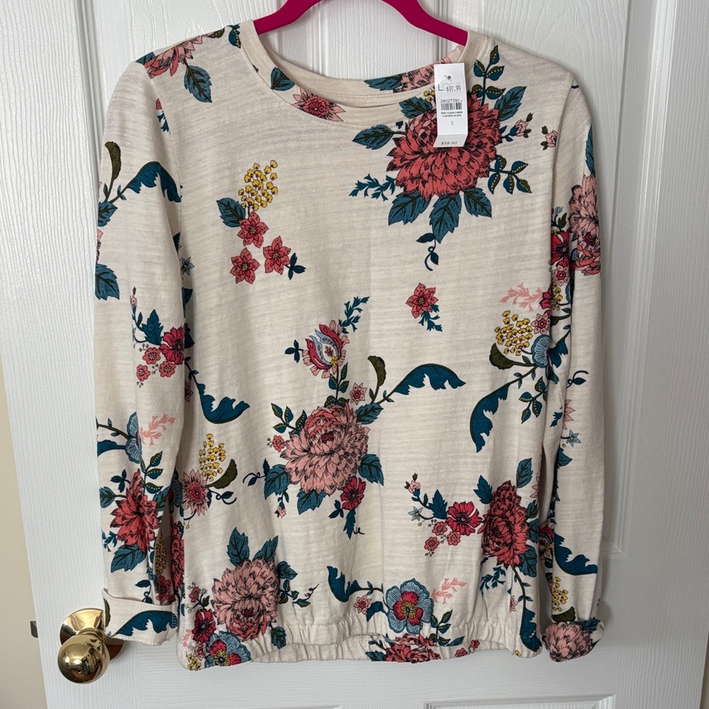 LOFT Cream Floral Long-Sleeve Crewneck Top with Pink & Teal Flowers